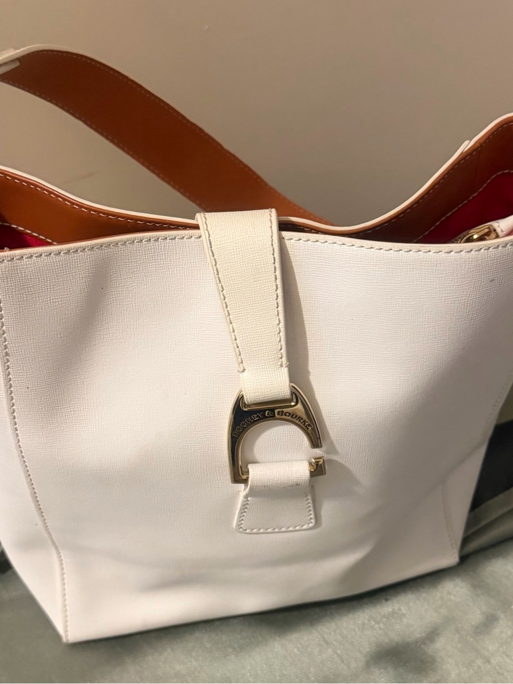 Dooney & Bourke White Tote with Gold-Tone Buckle and Tan Handles